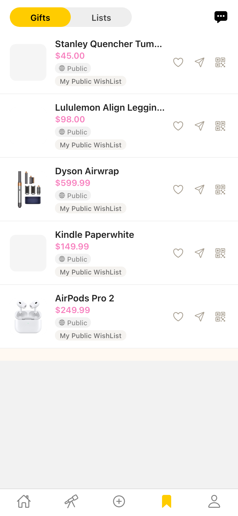 ShareWants wishlist with saved gift items